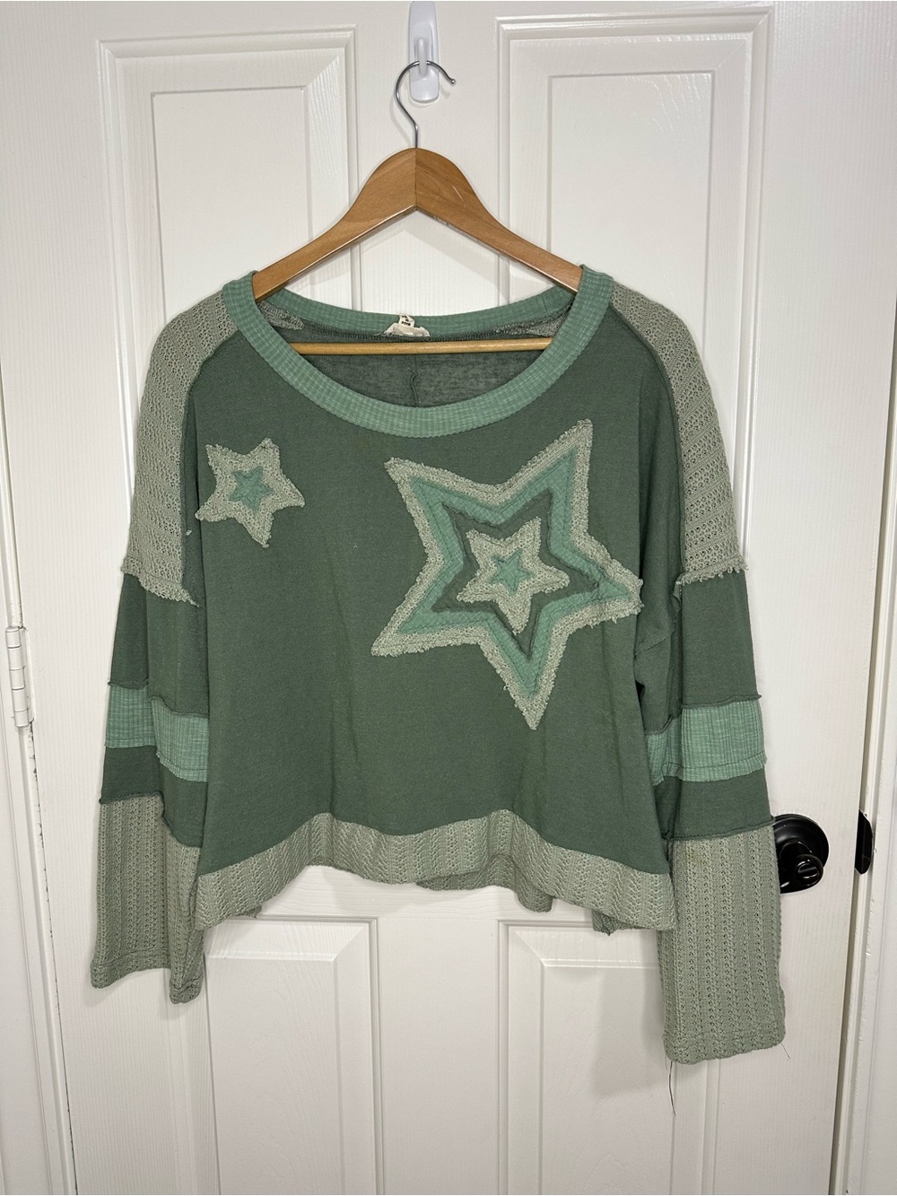 POL Mist Green Stars Patchwork Round Neck Cropped Oversized Long Sleeve S Boho - Picture 2 of 10